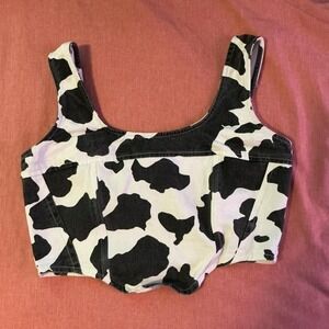 Lone Star Cow Print Denim Crop Top Woman's Size Med Western Wear Cowgirl County